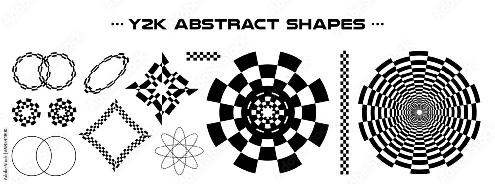 Poster Set of abstract aesthetic y2k geometric elements and 3D wireframe shapes. Black and white retro line design elements. Vector illustration for social networks or posters. EPS 10