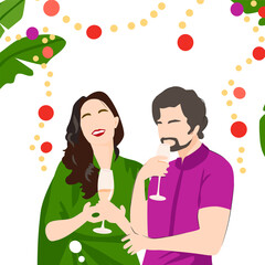 Happy 2024. Decorated banana tree for New Year. Smiling couple  posing for photo. India celebration tradition. Greeting card. 