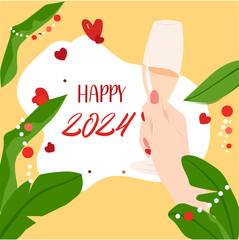 Happy 2024. Decorated banana tree for New Year. Glass of champagne. India celebration tradition. Greeting card. 
