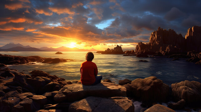 a wonderful landscape illustration at sunste, man watching the horizon, ai generated image