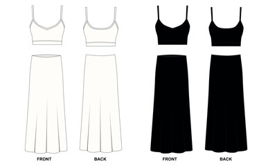 Collection of vector drawings of tops and skirts in white and black. Short tank top and long skirt templates front and back view. Set of modern women's summer clothes, vector.