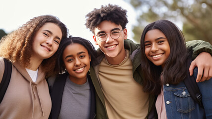 Hugging happy freshmen students of different nationalities, best friends. Multiracial concept