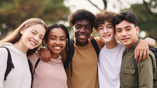 Hugging happy freshmen students of different nationalities, best friends. Multiracial concept