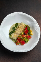 Delicious fish dishes from the restaurant. Close-up