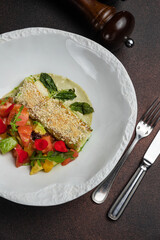 Delicious fish dishes from the restaurant. Close-up