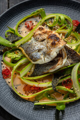 Delicious fish dishes from the restaurant. Close-up