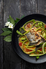 Delicious fish dishes from the restaurant. Close-up
