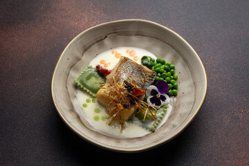 Delicious fish dishes from the restaurant. Close-up