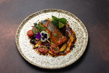 Delicious fish dishes from the restaurant. Close-up