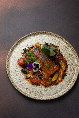 Delicious fish dishes from the restaurant. Close-up