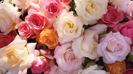 Obraz na płótnie Canvas soft colored roses bouquet wallpaper, white, pink yellow flower, floral bunch cute, ai generative