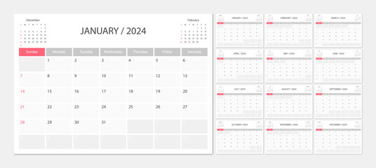 Calendar 2024 week start Sunday corporate design planner template. Calendar planner 2024.