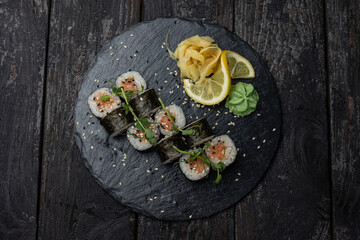 Delicious Japanese rolls from a restaurant. Close-up