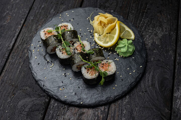 Delicious Japanese rolls from a restaurant. Close-up