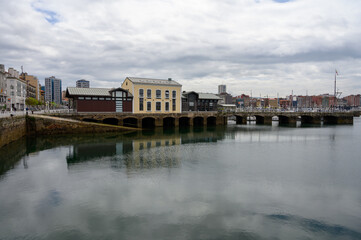 View on houses, jachts, boats in port of Gijon, Asturias, Spain