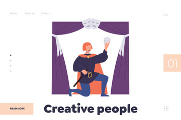 Creative people landing page design template with dramatic theater player actor male character