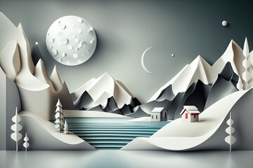 mountainous landscape with a house under a full moon. Generative AI
