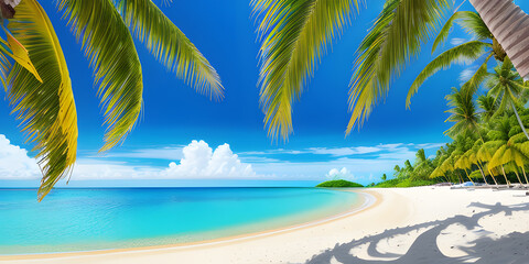 Fototapeta na wymiar Panorama of beautiful tropical beach with coconut palm trees and blue sky. Seascape. Paradise tropical beach. Holiday Vacation concept. Generative AI technology.