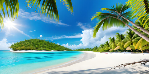 Panorama of beautiful tropical beach with coconut palm trees and blue sky. Seascape. Paradise tropical beach. Holiday Vacation concept. Generative AI technology.