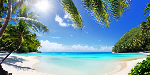 Fototapeta na wymiar Panorama of beautiful tropical beach with coconut palm trees and blue sky. Seascape. Paradise tropical beach. Holiday Vacation concept. Generative AI technology.