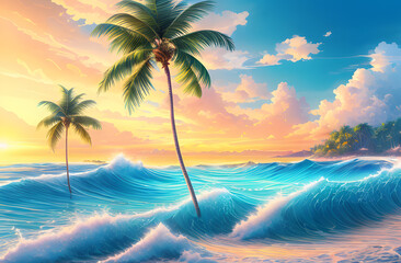 Fototapeta na wymiar Beautiful tropical beach and sea landscape with coconut palm tree. Holiday Vacation concept. Tropical beach with palm trees at sunset. Beautiful sea waves. Generative AI technology.