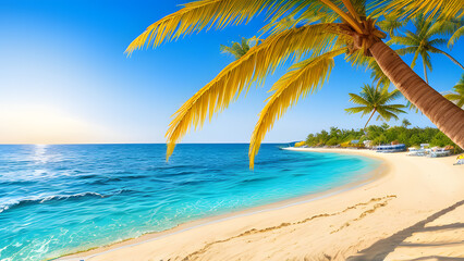 Obraz na płótnie Canvas Beautiful tropical beach and sea landscape with coconut palm tree. Holiday Vacation concept. Tropical beach with palm trees at sunset. Beautiful sea waves. Generative AI technology.