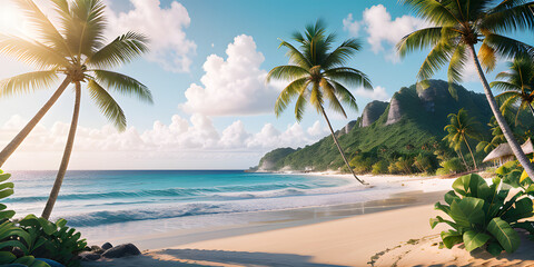 Obraz na płótnie Canvas Panorama of beautiful tropical beach with coconut palm trees and blue sky. Seascape. Paradise tropical beach. Holiday Vacation concept. Generative AI technology.