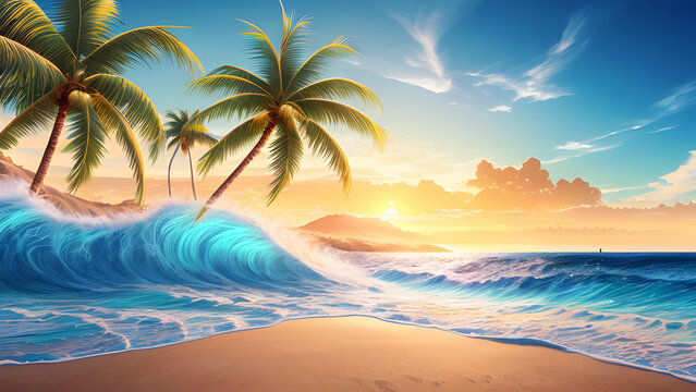 Beautiful tropical beach and sea landscape with coconut palm tree. Holiday Vacation concept. Tropical beach with palm trees at sunset. Beautiful sea waves. Generative AI technology.