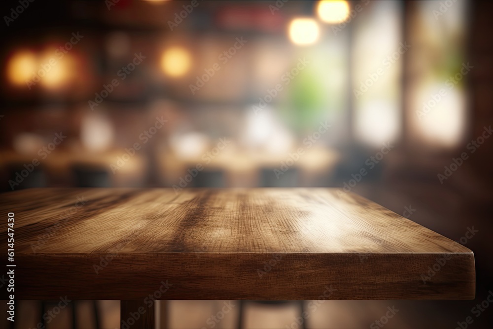 Poster rustic wooden table with bokeh lights in the background. generative ai