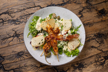 A delicious salad from a restaurant. Close-up