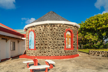 Old stone catholic chapel at Mayreau island, Saint Vincent and the Grenadines, West Indies,...
