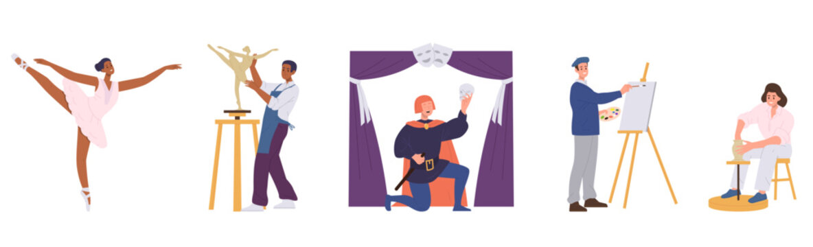 Set of people engaged in creative profession, painter, sculptor, actor and dancer artist at work