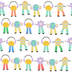 Funny seamless pattern with characters. Childish print. Vector hand drawn illustration.