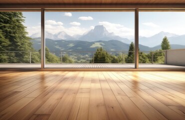 Balcony view of mountains. Landscape. Sunny Day. Terrace with a beautiful view. Background with beautiful landscape. Created with Generative AI technology.