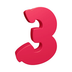 Pink number 3 in 3d rendering for math, business and education concept 
