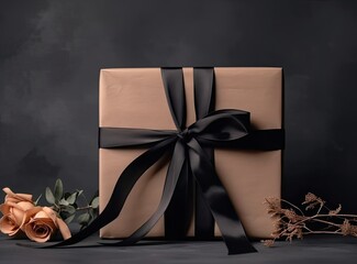 Craft gift box on a dark background, decorated with a textured bow and feathers, creating a romantic luxury atmosphere. For birthday, anniversary presents, Created with Generative AI technology.