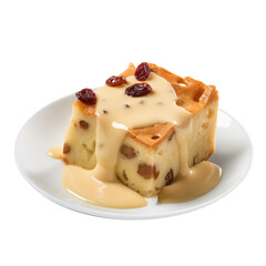 Delicious Plate of Bread Pudding with Custard Isolated on a Transparent Background - obrazy, fototapety, plakaty