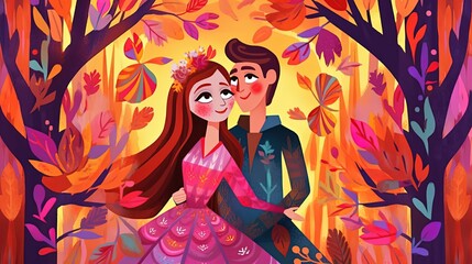 Obraz na płótnie Canvas art illustration cute couple cuddle while walking in autumn woods, Generative Ai