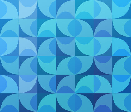 Abstract background with blue, light blue and turquoise geometric curved shapes. Vibrant retro Bauhaus pattern illustration, copy space.