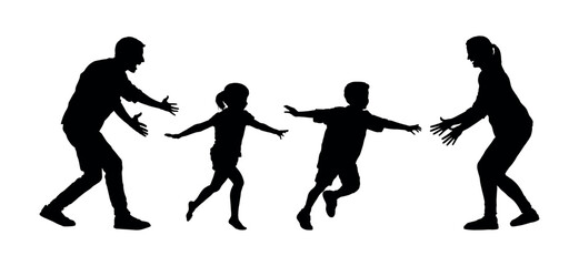Kids running open arms to their parents vector silhouette