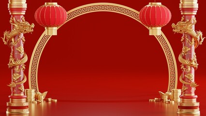 3d rendering illustration background for happy chinese new year 2024 the dragon zodiac sign with red and gold color, flower, lantern, and asian elements. ( Translation :  year of the dragon 2024 ).