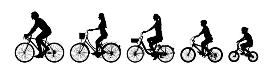 Fototapeta na wymiar Family parent and kids riding bikes cycling together vector silhouettes.