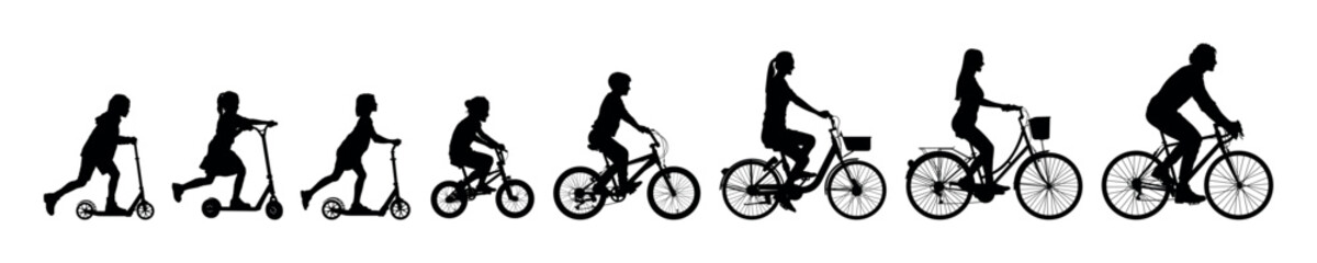 Silhouettes set of family riding bicycles and scooters together side view.
