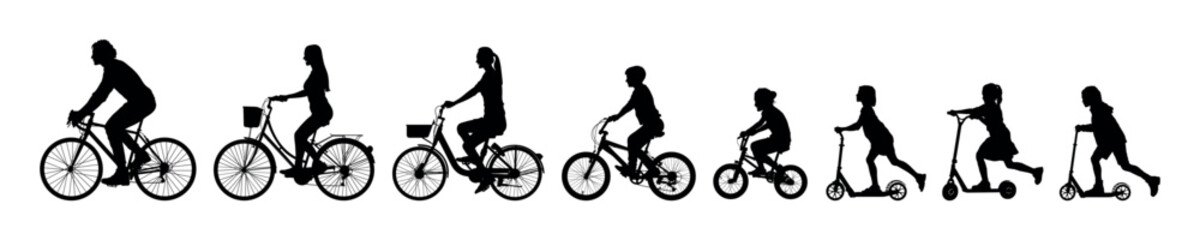 Family riding bicycles and scooters together side view black set silhouettes