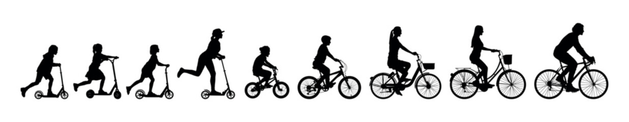 Fototapeta na wymiar Group of people adults teens kids riding bicycles and scooters together side view black silhouettes set.