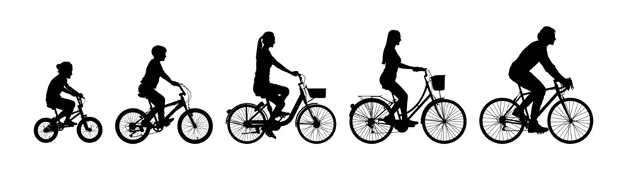 Parents with kids cycling together side view black silhouettes set.