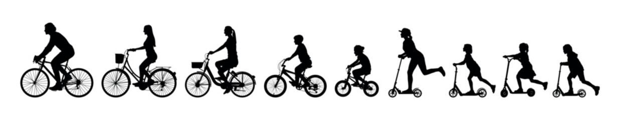 Fototapeta na wymiar Silhouettes set of family riding bicycles together side view.
