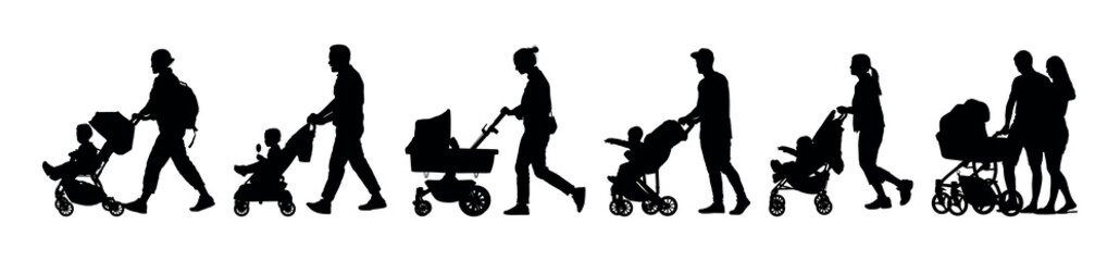 Fototapeta na wymiar Group of parents walking pushing babies in strollers side view silhouette set.