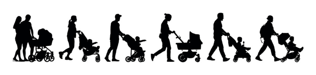 Group of parents pushing babies in strollers while walking outdoors side view vector silhouette set.