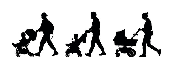 Group of people walking with babies in strollers side view silhouette set.
